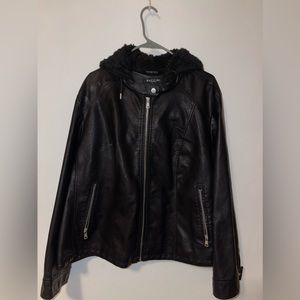 3X faux leather jacket with faux fur hood